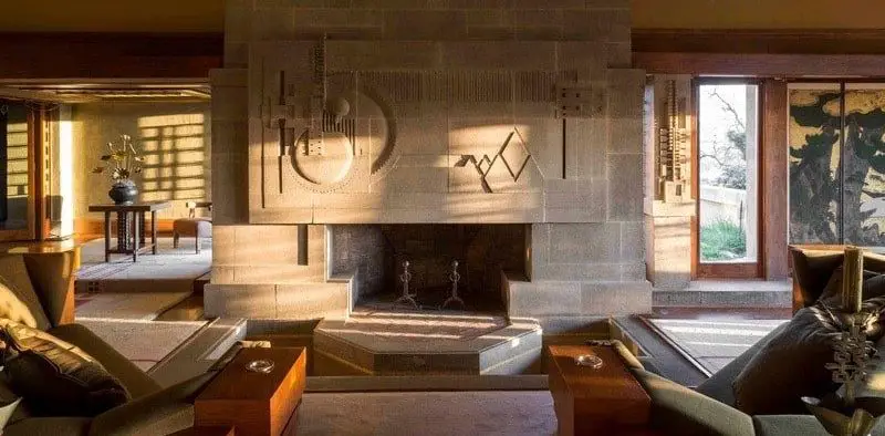 Frank Lloyd Wright Hollyhock House interior fireplace