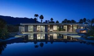 Michael Johnston renovation E. Stewart Williams House swimming pool at night