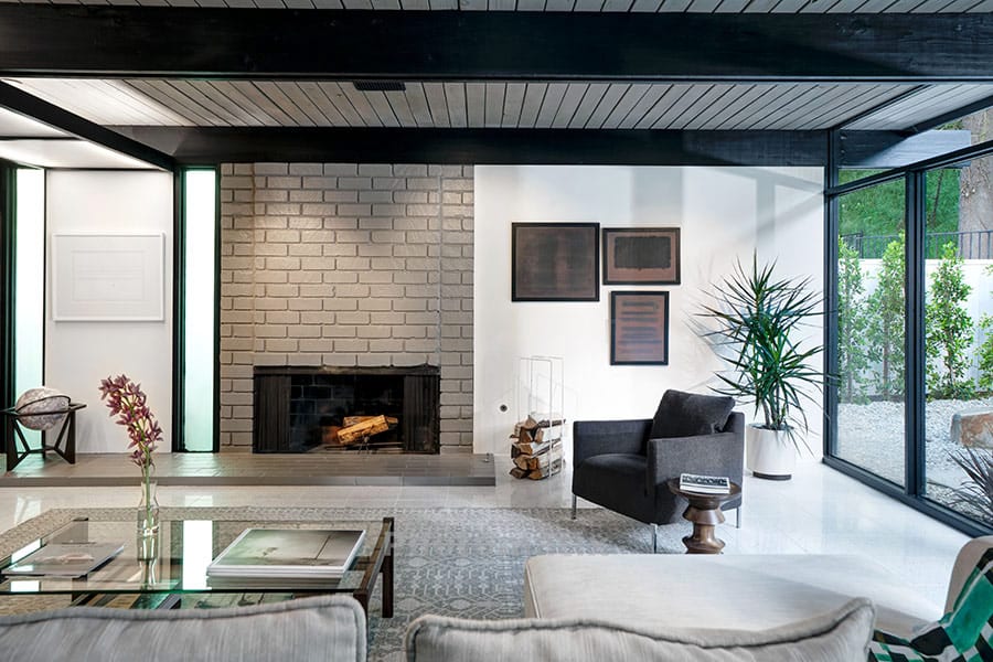 mid-century modern in Sherman Oaks - Richard Dorman - living room fireplace