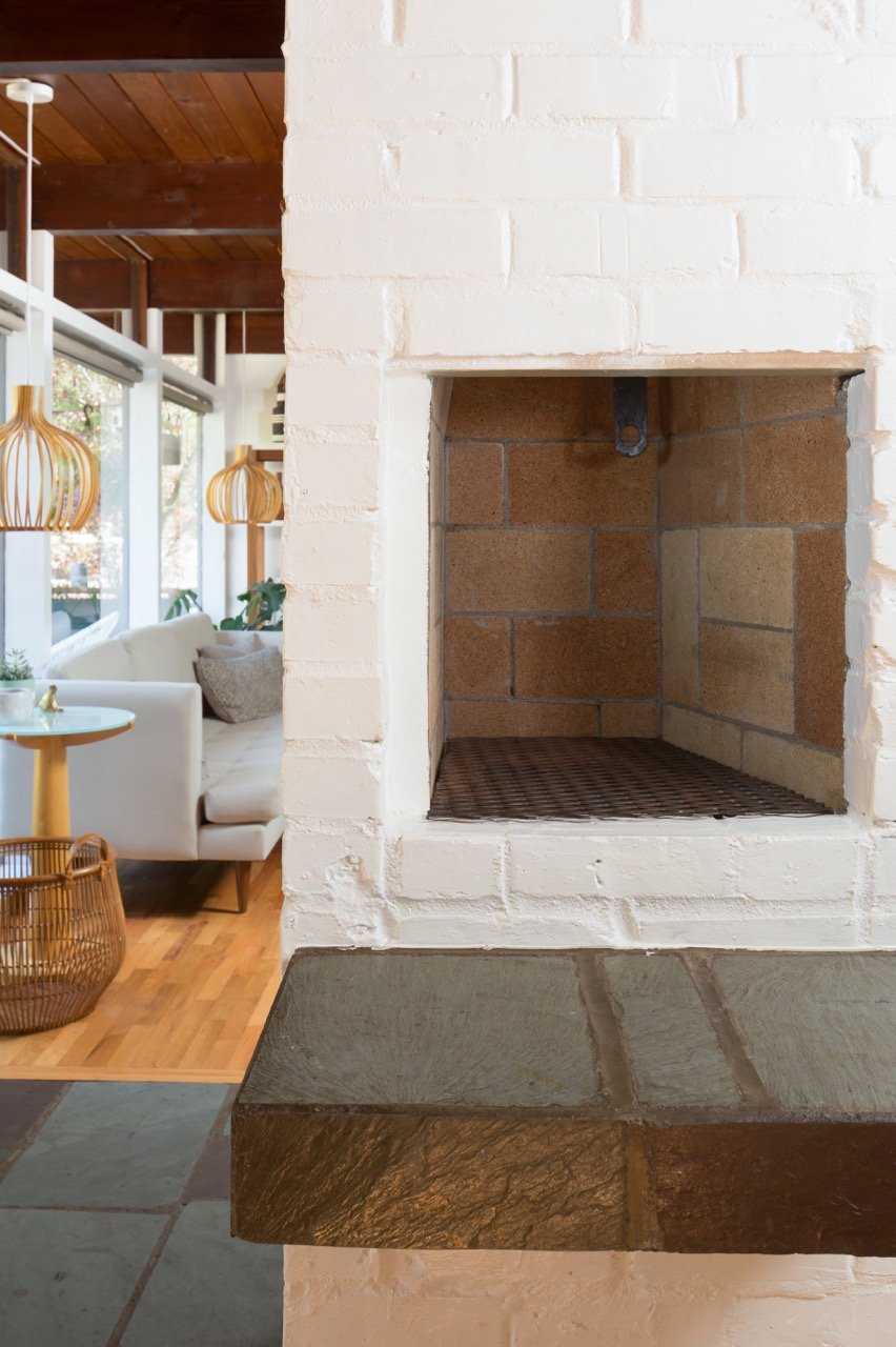 John Burrows mid-century house Seattle - fireplace living room