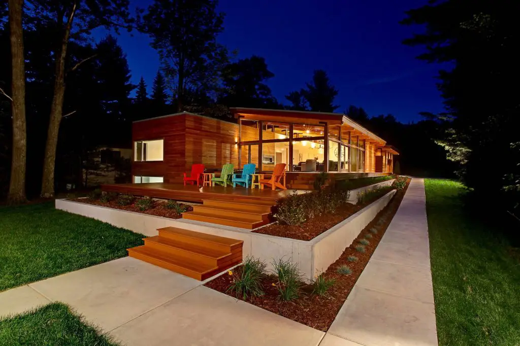 midcentury inspired lake house in Michigan - exterior night