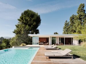 midcentury renovation in clear oak - pool view