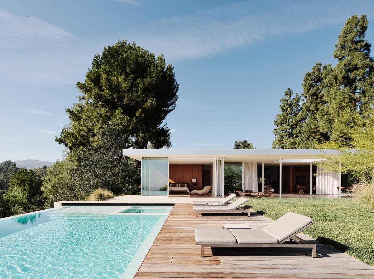 midcentury renovation in clear oak - pool view