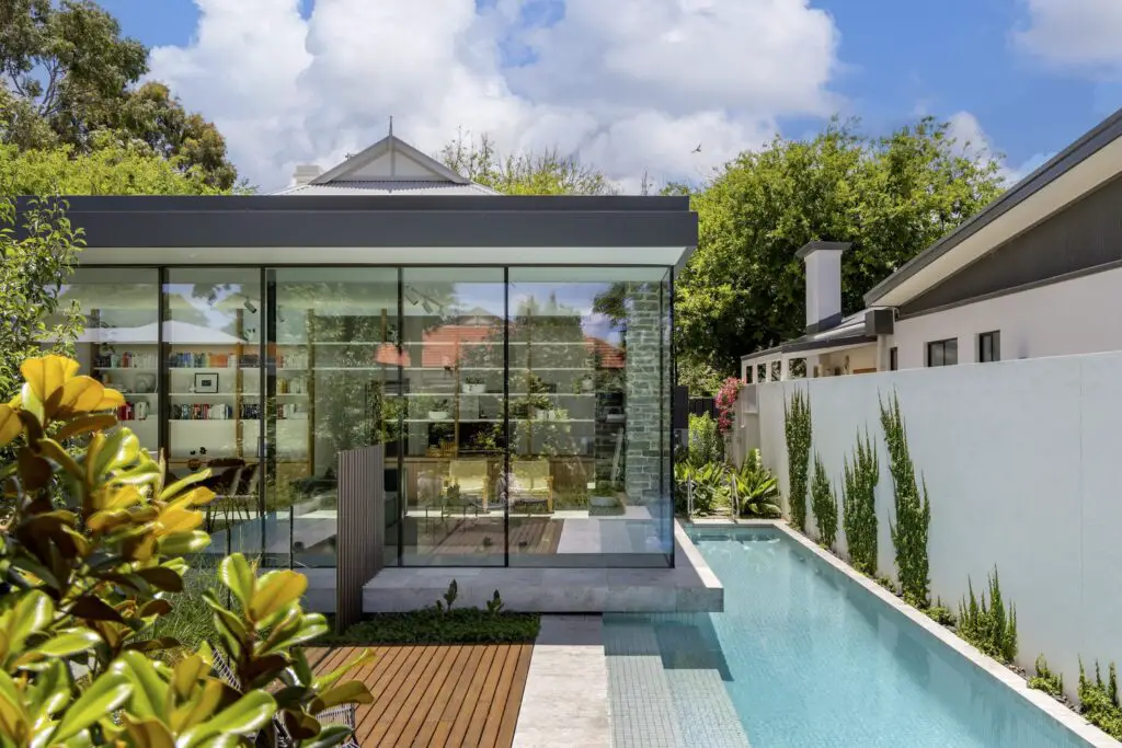 modernist glass box extension 1890 cottage - pool